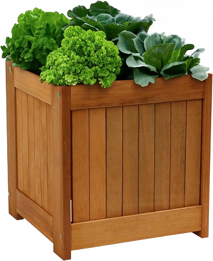 Sunnydaze 16-Inch Meranti Wood Planter Boxes for Outdoor Plants - Square Large Planter Boxes with Teak Oil Finish - Set of 2
