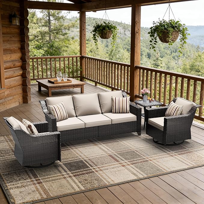 4 Pieces Patio Conversation Furniture Set - 1 Sofa, 2 Swivel Chairs, 1 Side Table, Outdoor Wicker Furniture with Removable Cushions for Porch, Balcony, Sunroom (Beige)
