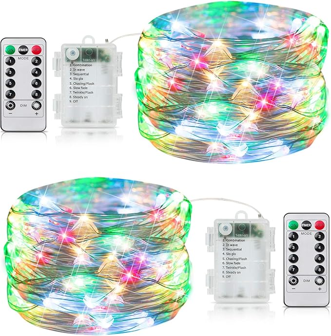 33Ft 100LED Outdoor String Lights, 2 Pack Fairy Lights Battery Operated with Remote, Waterproof Twinkle Lights for Bedroom Dorm Patio Tapestry Wedding Party Indoor Christmas Decoration, Multicolor