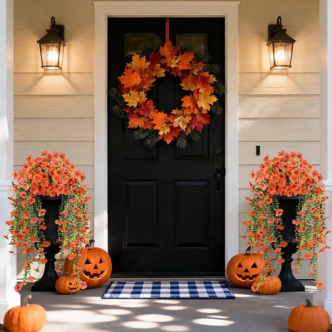 AmberFun Artificial Hanging Flowers for Outdoors,2 Bundles Silk Fake Fall Flowers for Outside, Realistic Faux Plants for Hanging Baskets, Planters-Porch, Patio, Yard Decor(Orange)