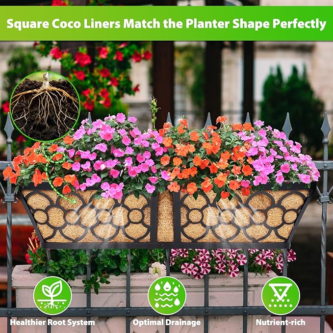 Legigo 4 Pack 24 Inch Square Coco Liners Planter Baskets Liner- Natural Coconut Coir Basket Liner Replacement, Window Box Liners Trough Coconut Liners for Wall Planter Garden Deck Fence Flower Baskets