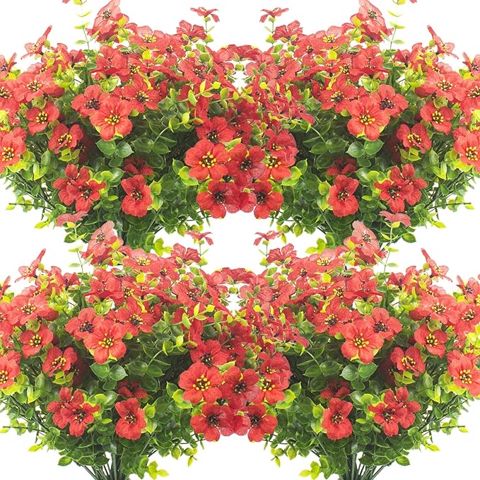 Grunyia 10 Bundles Artificial Flowers Outdoor UV Resistant Fake Flowers No Fade Faux Plants Garden Porch Window Box Decorating (Red)