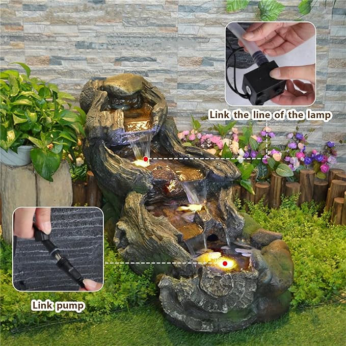 37" L Outdoor Water Fountain with 3 Tiers Cascading Realistic Tree Trunk Waterfall Fountains with LED Lights Outdoor Water Fountain for Garden Patio Backyard Porch Home Decor