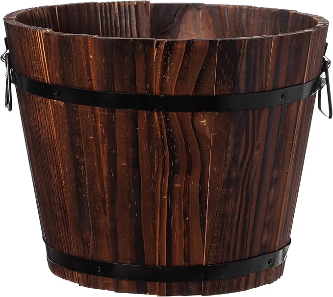 Rustic Wooden Whiskey Barrel Planter with Durable Medal Handles and Drainage Hole - Perfect for Indoor and Outdoor Plants, Herbs, and Vegetables - Small