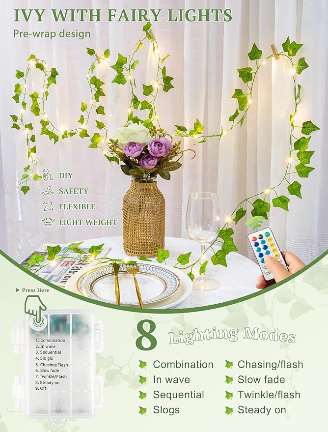 Vines with Fairy Lights,13ft Ivy Garland String lights with Remote,40 LED Fake Leaf lights USB/Battery Operate for Dorm,Bedroom,Wall,Celling,Curtain,Photo, Wedding,Christmas Decor(Warm White)