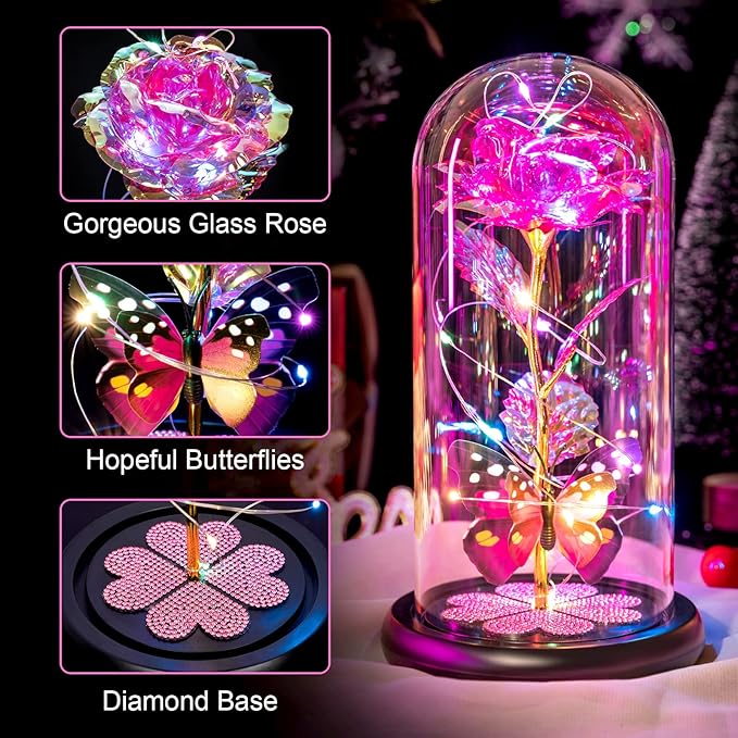 Valentines Day Rose Gifts for Her Women Birthday Gift Galaxy Glass Rose in Glass Dome Forever Eternal Crystal Flowers with Butterfly Valentines Day Gifts for Women Daughter Mom Wife Girlfriend Pink