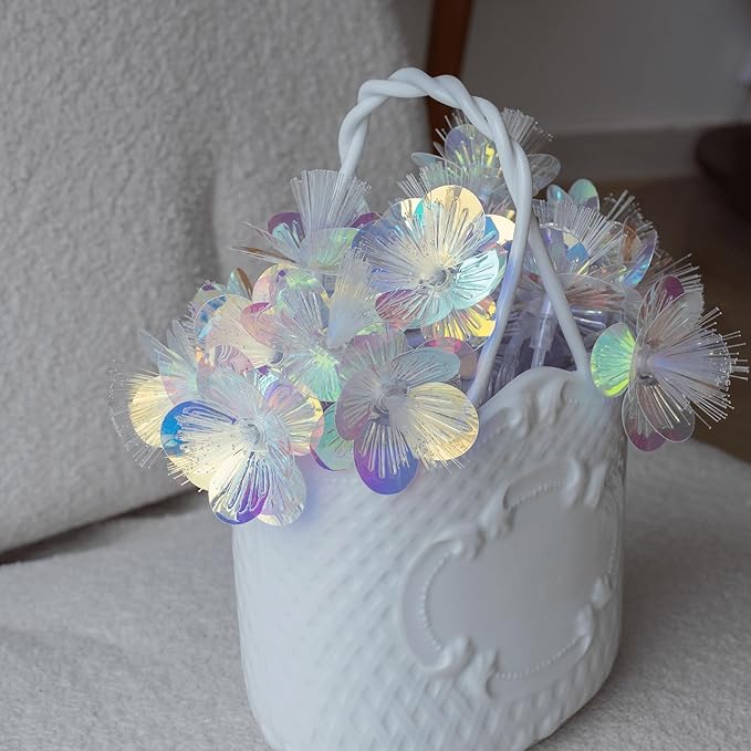 YOLIGHT Fiber Optic Flower String Lights Battery Operated with Timer, 13ft 20 LED Flower Garland Lights Fairy Decor Light for Room Table Wedding Christmas Easter Décor (Warm White)