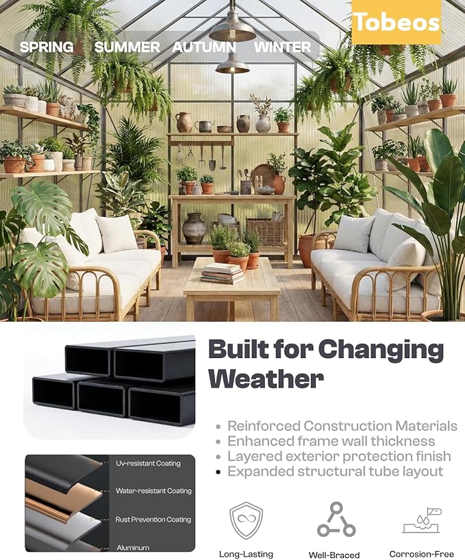 8×12 FT Walk-in Greenhouse Polycarbonate Greenhouse for Outdoors, Heavy Duty Backyard Garden Greenhouse with Aluminum Frame, Clear Panels, Adjustable Roof Vent, Rain Gutter System, Patio