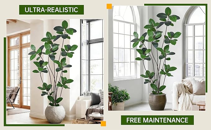 Artificial Green Rubber Tree 7FT with 68 Glossy Leaves & 10 Heads & Black Pot Lifelike Tall Large Faux Tropical Ficus Elastica Plant 84 Inch for Indoor Home Office Store Corner Modern Decor