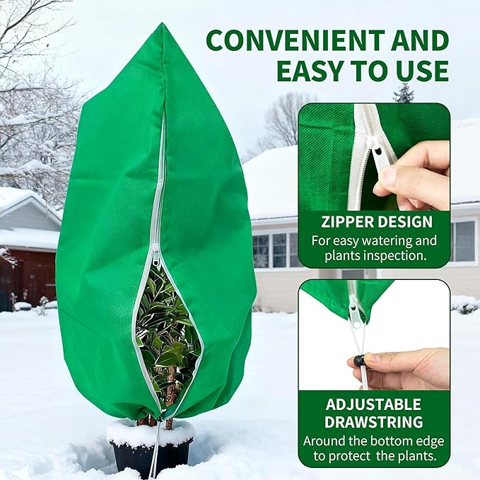 Plant Covers Freeze Protection, 5 Pack Frost Covers with Zipper Drawstring (31.5" x 47.3") Plant Protection Cover Bags for Outdoor Winter Frost Cold Weather Shrubs Trees Jacket Covers, Green