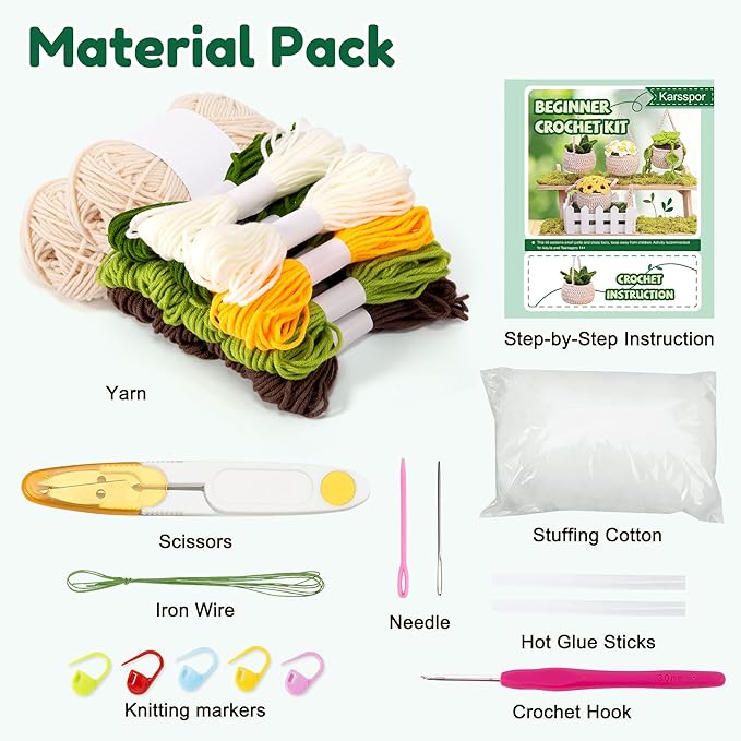 Karsspor Crochet Kit for Beginners - 4 PCS Hanging Potted Plants, Beginner Crochet Kit for Adults, Crochet Starter Kit, Crocheting Knitting Kit with Step-by-Step Video Tutorials(Patent Product)