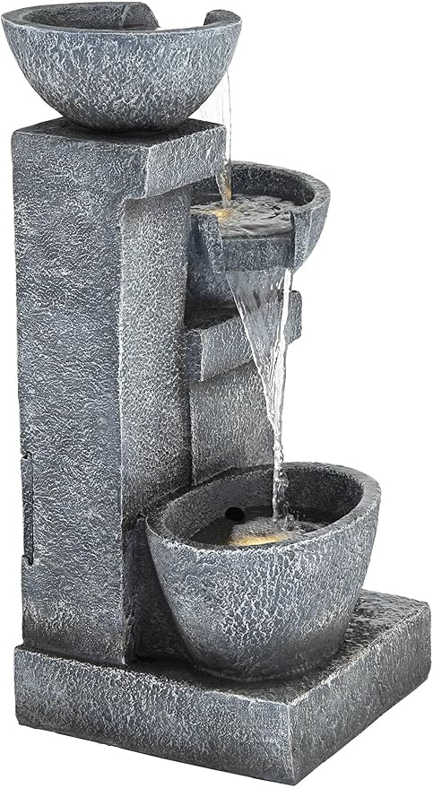 Three Bowls 32 1/4" High Large Modern Indoor Outdoor Decor Gray Faux Stone Floor Fountain with Light LED Waterfall Cascading Water Feature for Outside Garden Patio Yard Backyard - John Timberland