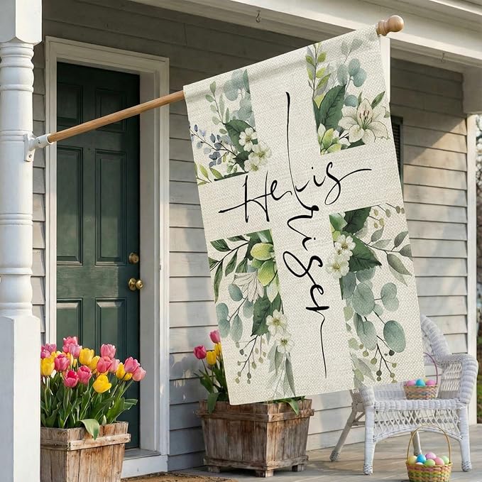 CROWNED BEAUTY Easter House Flag Floral Cross He is Risen 28x40 Inch Double Sided Large Holiday Welcome Decoration for Outside Yard