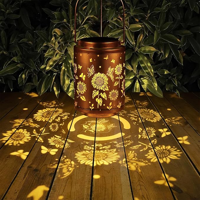 Tepaken 2 Pack Solar Outdoor Lanterns, Garden Decor LED Light Hanging Waterproof Solar Metal Lantern Birthday Gifts for Women Mon Grandma Sunflower Solar Lights Outdoor Decoration(Butterflies)