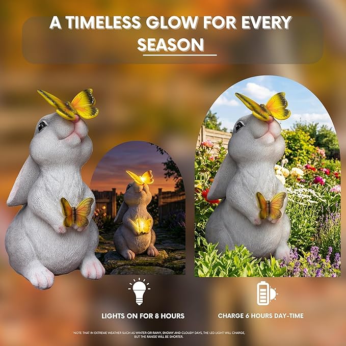 Solar Garden Statues Rabbit with 2 Solar Butterfly Lights, Cute Waterproof Resin Outdoor Decorations for Patio Yard Lawn, Gifts for Housewarming