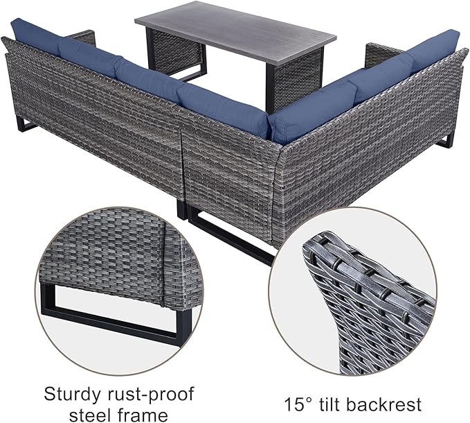 Belord Outdoor Sectional Sofa 6 Seater L Shaped Couch Wicker Patio Conversation Furniture Set Rattan Outdoor Furniture with Removable Washable Cushion Blue