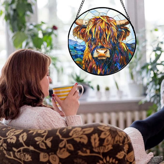 Stained Glass Window Hanging - Highland Cattle Suncatcher for Door Terrace Garden Home Decor Western Style Brown Cow Sun Catcher Birthday Gifts for Lovers Women Men Dad Mom Nana 7.8 in