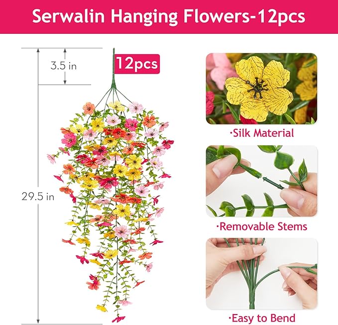Serwalin 12PCS Artificial Fall Flowers for Outdoors Decoration, Realistic Silk Artificial Fall Hanging Flowers for Patio, Garden, Porch, Window, Outside (Multicolor,12PCS)