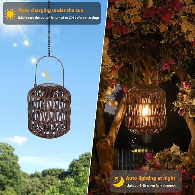 Rattan Outdoor Solar Lanterns, Solar Lights Outdoor Waterproof, 2 Pack Outside Table Lamp, Gardening Lantern Lights Gifts for Women, Hanging Lantern for Yard, Patio, Tree, Tabletop Decoration (Coffee)