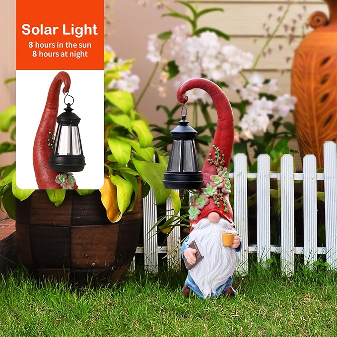 Roundot Coffee Gnome Garden Decor Statue Solar-Powered Gnome Ornament Lantern-Lit Courtyard Decoration Birthday Gift for Mom on The Patio