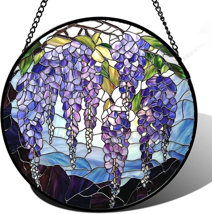 AMDERVEN Stained Glass Window Hanging, Wisteria Flower Sun Catcher for Door Home Decor Purple and Blue Suncatcher Christmas Mother's Day Birthday Gifts for Women Men Mom and Nana 11.8 in