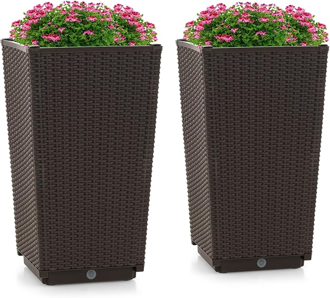 Giantex Outdoor Wicker Flower Pot Set of 2, 22.5 Inch Tall Planters with Drainage Hole, Self-Watering Tray, Rattan Flower Pots, Indoor Outdoor Planter for Porch Door Front Balcony Entryway (Brown)