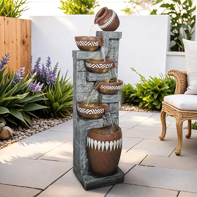 56.6in High Outdoor Indoor Water Fountain, 6-Tiered Poly-Resin Waterfall Fountain with LED Lights, Decorative Floor Standing Fountain for Garden, Patio, Yard, Home Decor