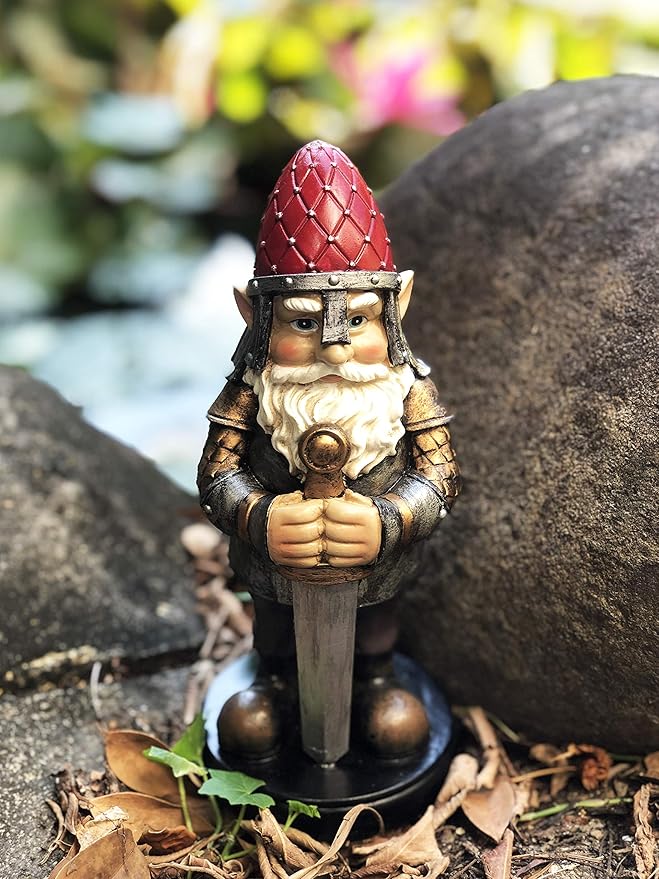 Gnome Knight Holding sword - armored, 9 inches: Warrior statue for Garden
