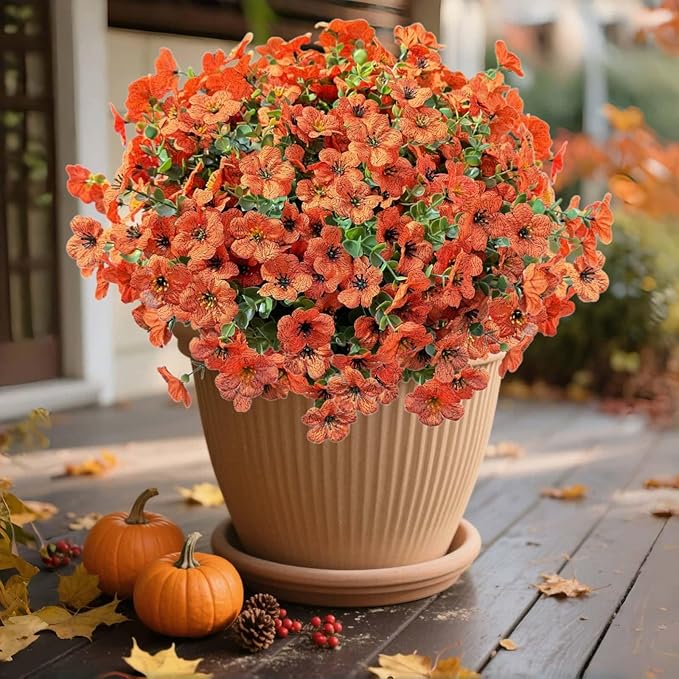 XccJLYB Artificial Flowers for Outdoor UV Resistant Fake Plants, 12 Bundles Fake Mums Silk Daisy in Pots for Porch Patio Garden, Faux Potted Home Decor for Outside (Orange)
