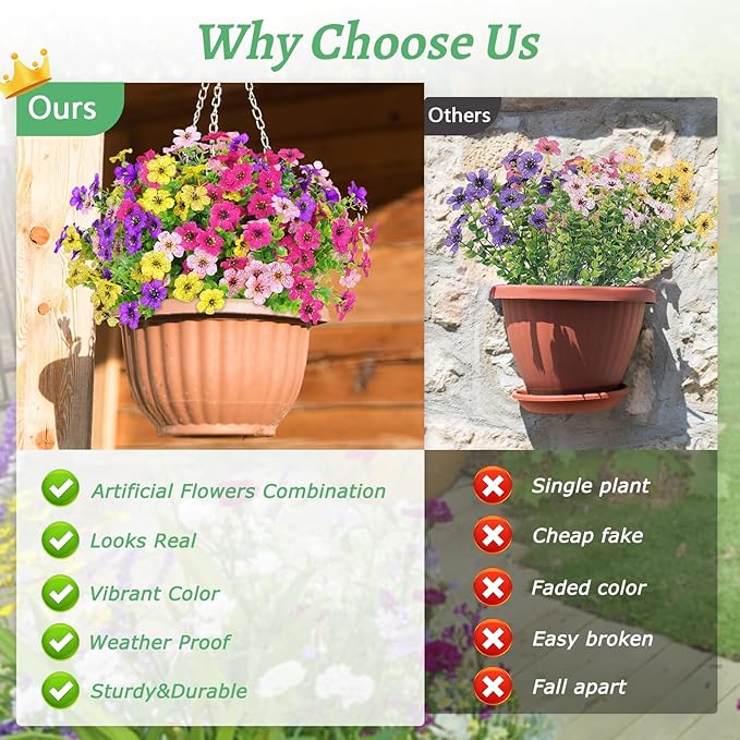 Elyum Artificial Flowers for Outdoors, 18 Bundles Artificial Flowers for Decoration, UV Resistant Fake Outdoor Flowers Artificial Plants for Outside Garden Porch Patio Yard Decor