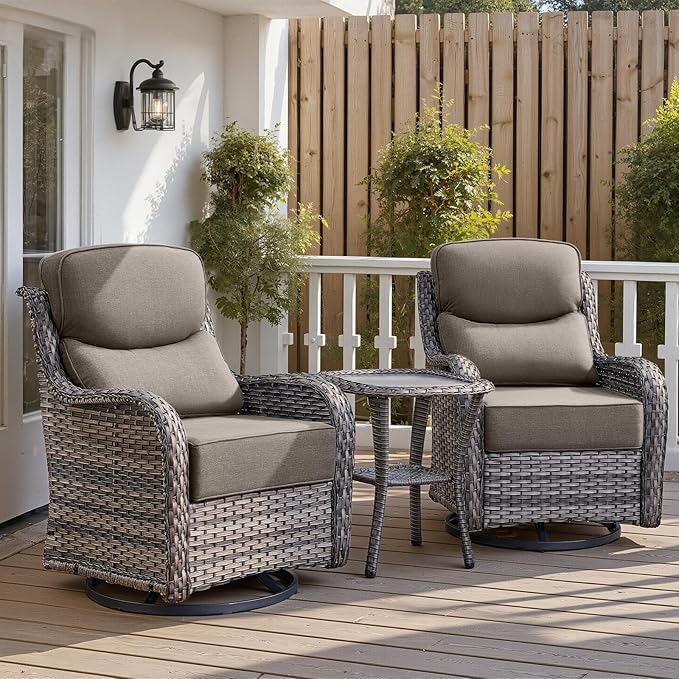 Belord Luxury 6" Thick Cushioned Outdoor Swivel Rocker Patio Chairs with Side Table, High Back Wicker Furniture Set with Ergonomic Zone Back, Conversation Glider Set for Deck Porch - Grey+Grey