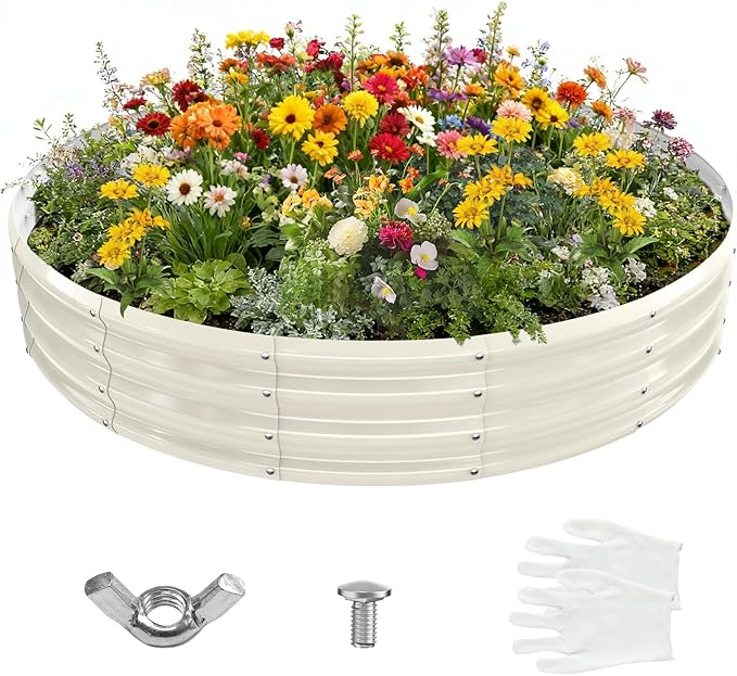 6FT Diameter Galvanized Garden Raised Bed/Plant Box/Fire Pit Ring-0.8mm Thick,12 Inch Tall,Crimped Edge and Corner,No Sharpe,Perfect for Plantings (Cream White, 72 Dia X 12 inches)