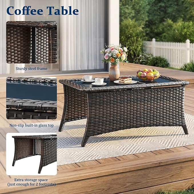 Outdoor Swivel Rocking Chair Patio Set (7-Piece), High-Back - Thick Cushion Swivel Rocking Chair Patio Set, All-Weather Wicker Patio Furniture Set, Suitable for Balcony Patios, Brown/Gery