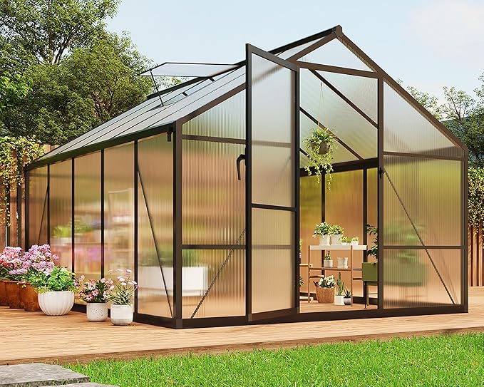 8x10 FT Greenhouse, Greenhouses for Outside, Polycarbonate Greenhouse with Aluminum Frame, Lockable Door and Ajustable Roof Vent for Backyard, Green Houses for Outside Garden Backyard, Patio