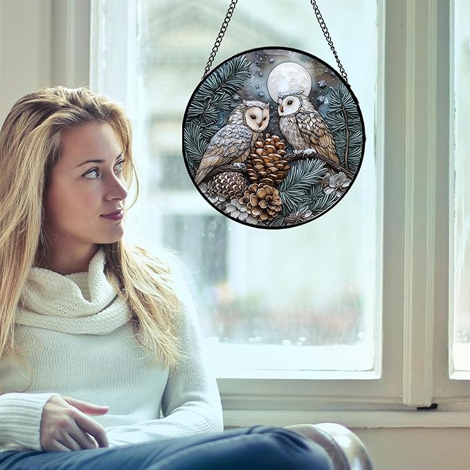 Stained Glass Window Hanging - Owl On A Tree Suncatcher for Doors Garden Patio Winter Scene Sun Catchers Decor Christmas Mother's Day Birthday Gifts for Women Men Mom Nana Friend 9.8 in