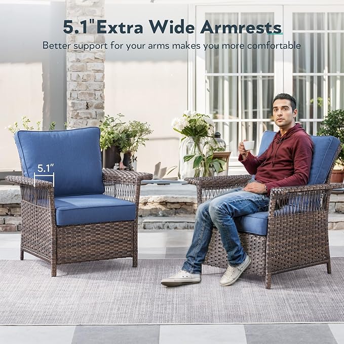 Wicker Outdoor Chairs Set of 2 - Hollow Widen Armrests Patio Furniture Set with Comfortable Thickened Cushion, High Back Outdoor Rattan Chairs for Balcony Porch Deck and Yard - Brown - Blue