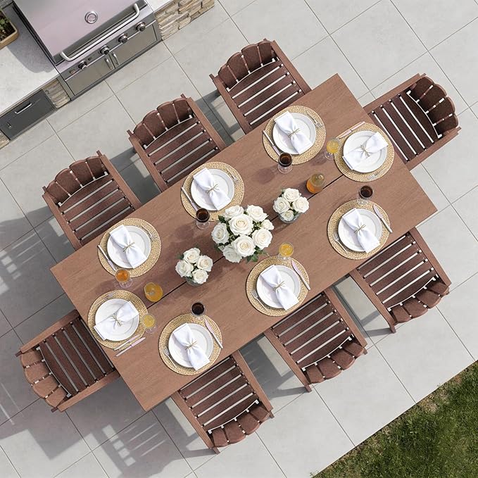 9-Piece Patio Dining Set for 8, Large HDPE All-Weather Outdoor Furniture with Umbrella Hole Table, 89.76” Oversized Table, 8 Armchairs, Brown