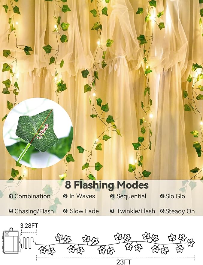 Vines with Fairy Lights,23ft Ivy Twinkle Lights Battery Operated,73 LED Leaf String Lights for Bedroom,Room,Wall,Celling,Curtain,Party,Wedding,Christmas Decor (Warm White)