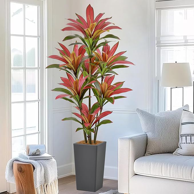 Roselywed Artificial Red Dracaena Tree 6FT with 114 Leaves & 7 Heads & Gray Tall Planter Cover with Coconut Fiber Tall Faux Tropical Silk Bicolor Plant 72 Inch for Indoor Home Office Porch Mall Decor