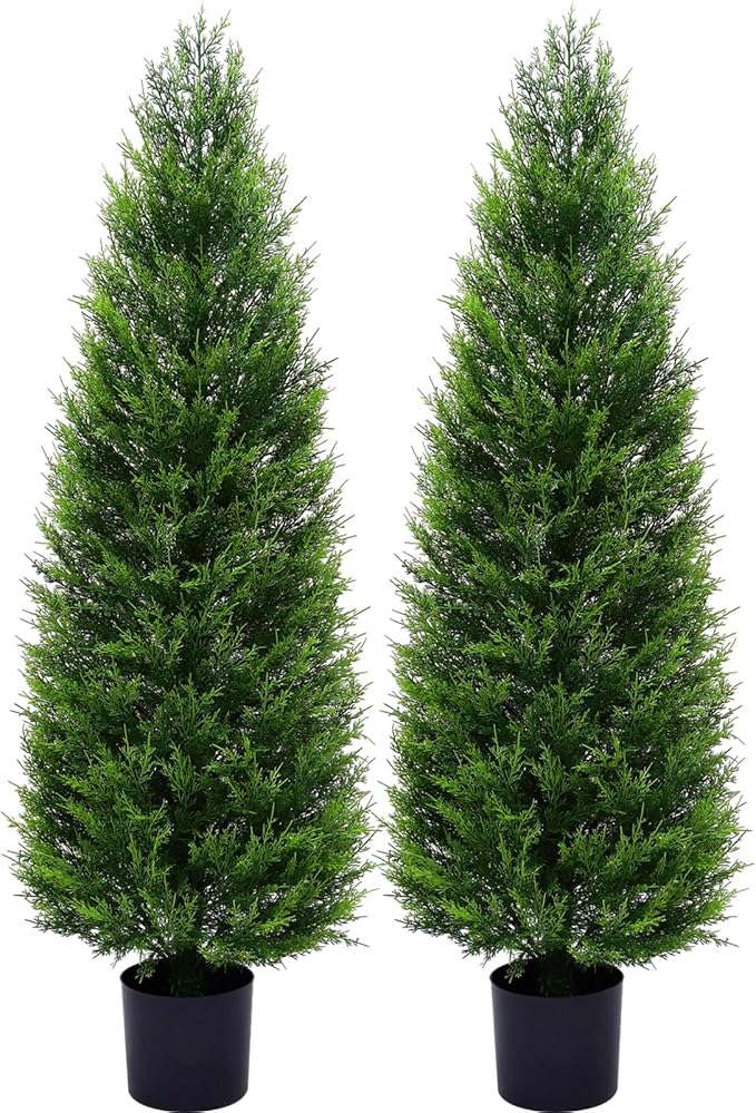 VIVATREES 2Pack 5ft Outdoor Artificial Cedar Topiary Trees, All-Weather Faux Pine for Home Porch Entryway Decor