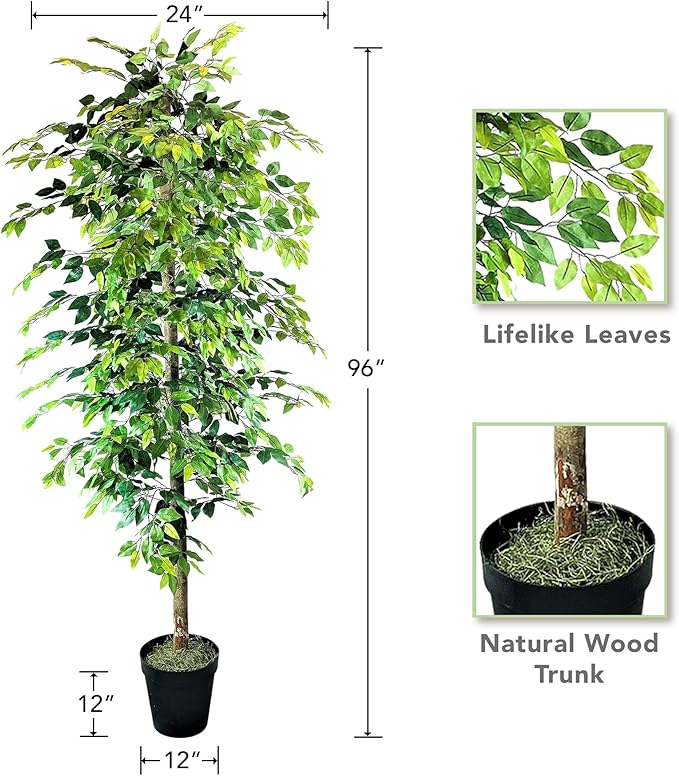LCG Florals 8ft Artificial Ficus Tree in Black Plastic Pot - Real Wood Trunk, Preassembled, No Maintenance Indoor Faux Plant - Living Room, Home & Office Decor