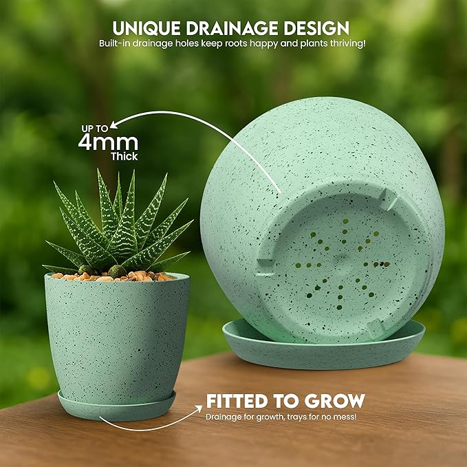 Utopia Home - Spotty Plant Pots Indoor with Drainage - 7/6.6/6/5.3/4.8 Inches Flower Pots - 5 Pack Plastic Planters - Ideal for Stocking Stuffers - (Speckled Mint, Pack of 10)