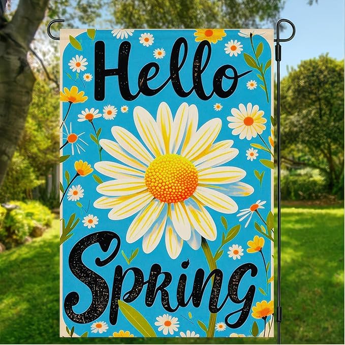 Spring Garden Flag Spring Yard Flag Vibrant Daisy "Hello Springs" Backdrop Design Double-Sided 12x18 Inches Garden Flags for Outside Yard Flag for Seasonal Outdoor Decor
