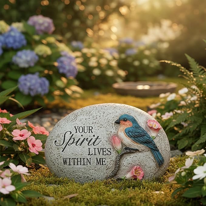 Bluebird Memorial Garden Stone Decoration,Sympathy Gift for Loss of Loved One,Outdoor Tribute Plaque with "Your Spirit Lives Within Me" Engraving,Spirit inspirational Memorial blue bird figurine