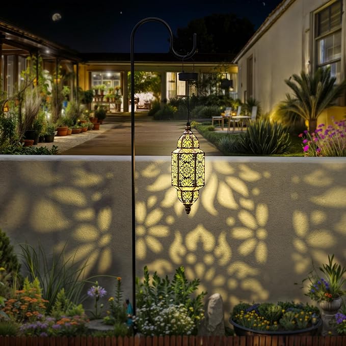 Twinkya Hanging Solar Lights Outdoor Garden Decorative Solar Lantern Waterproof Metal Moroccan Outdoor Decorations for Patio Pathway Yard Porch Backyard Garden Decor (Gold, 1 Pack)