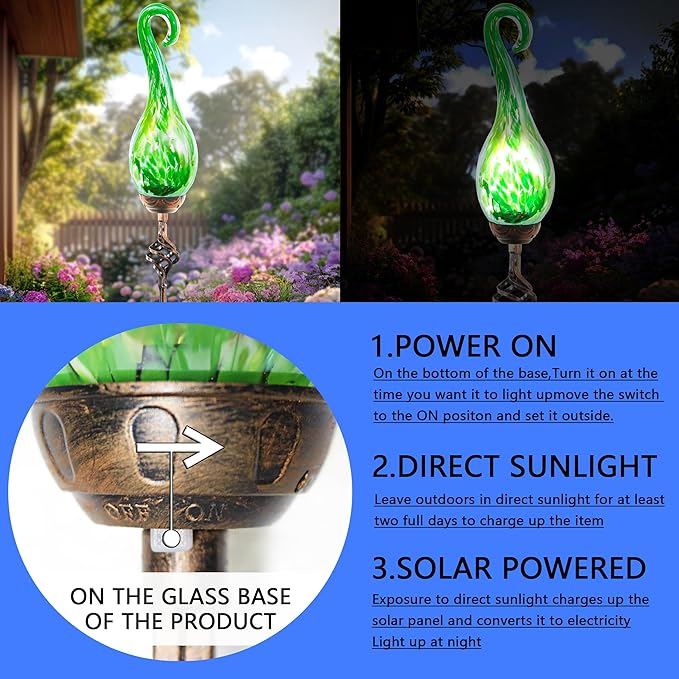 Naboher Garden Solar Lights Outdoor, Decorative LED Pearlized Glass Spiral Garden Stake with Finial, Hand Blown Glass and Metal Outdoor Decoration, 3 x 36 Inch (Green)