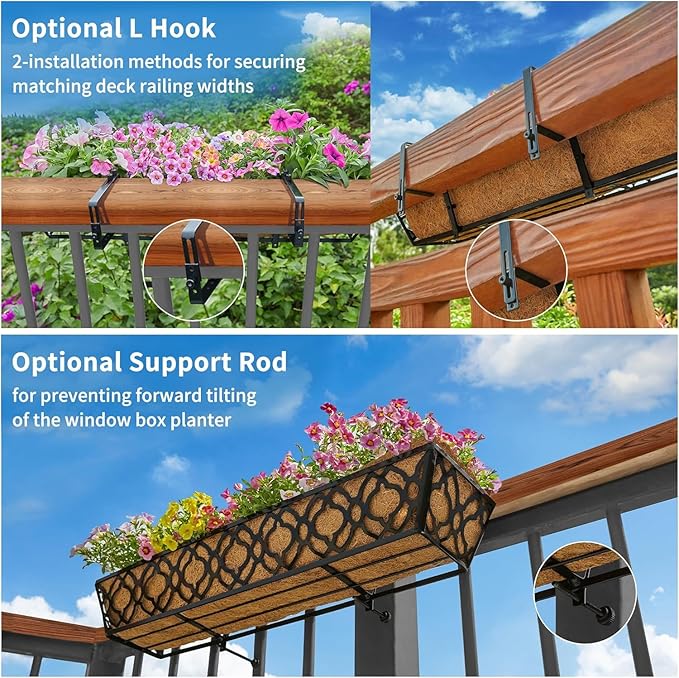 Y&M 24in Window Planter Box 4Pcs Iron Railing Planter with Coco Liner for Outdoor Balcony Rail, Fence, Porch, Patio