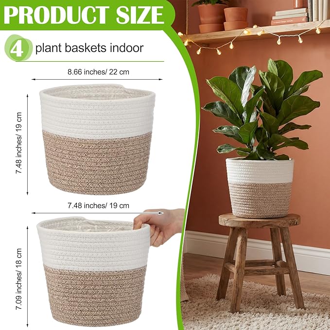 4 Pcs Cotton Rope Plant Baskets Indoor Woven Flower Baskets with Plastic Liner, Plant Planter for Indoor Outdoor Spring Rustic Boho Home Farmhouse Floor Potted Pots Decor