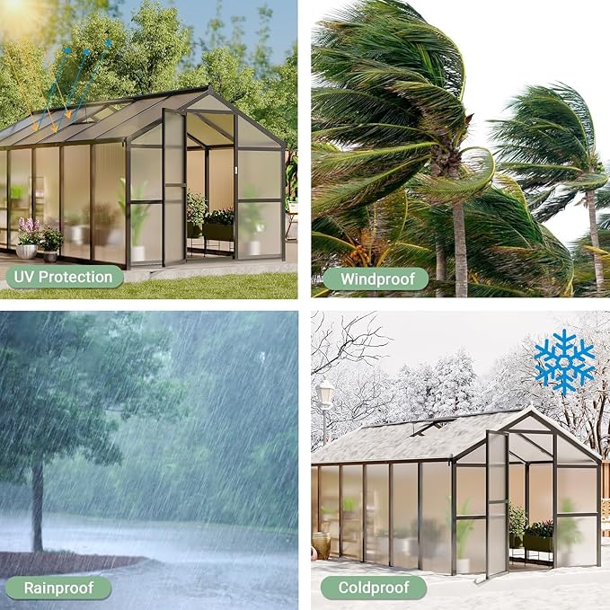 8 x 12 FT Greenhouse, Outdoor Sliding Door, Polycarbonate Greenhouse with Aluminum Frame, Lockable Door and Ajustable Roof Vent for Backyard, Outside Garden Backyard, Patio, Black