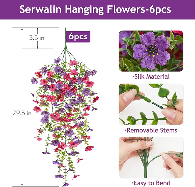 Serwalin 6PCS Artificial Fall Flowers for Outdoors Decoration, Realistic Silk Artificial Fall Hanging Flowers for Patio, Garden, Porch, Window, Outside (Purple& Hot Pink,6PCS)